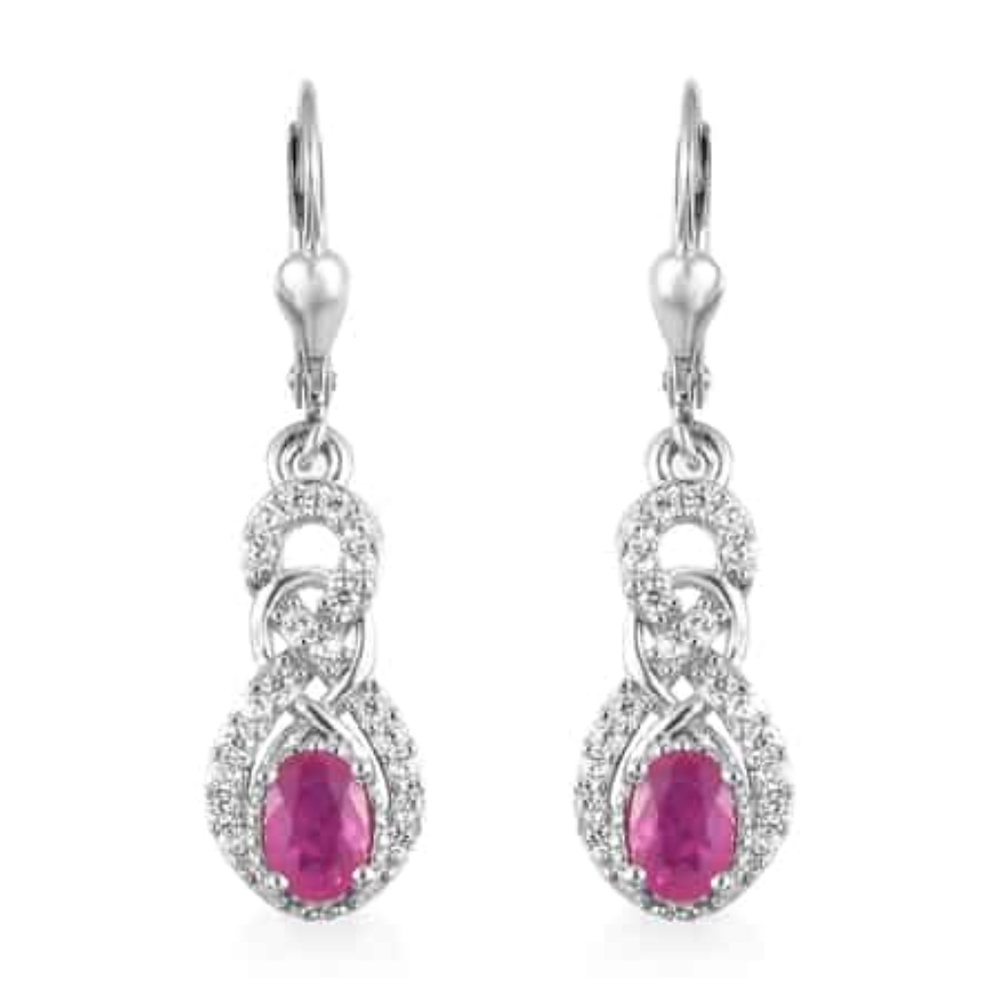 NWT MOZAMBIQUE RUBY & WHITE ZIRCON EARRINGS IN PLATINUM OVER STERLING SILVER